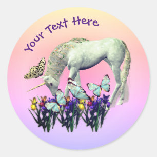 Sticker Rond Papillons Unicorne Blanc Fleurs Personnalisées