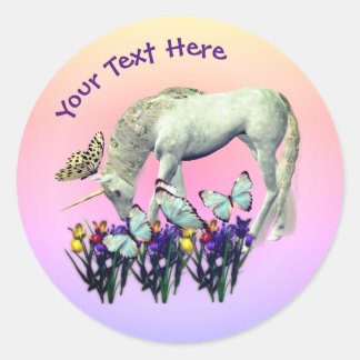 Sticker Rond Papillons Unicorne Blanc Fleurs Personnalisées