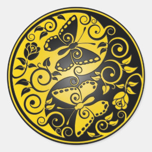 Sticker Rond Papillons Yin Yang, jaune et noir