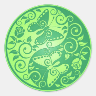 Sticker Rond Papillons Yin Yang, vert