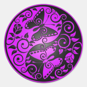 Sticker Rond Papillons Yin Yang, violet & noir