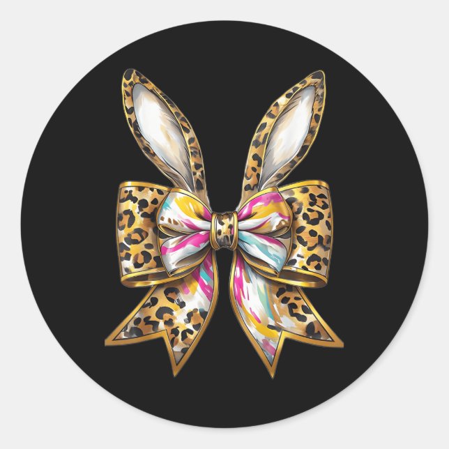 Sticker Rond Pâques Bunny Leopard Coquette Bow Joyeux Gir Pâque (Devant)