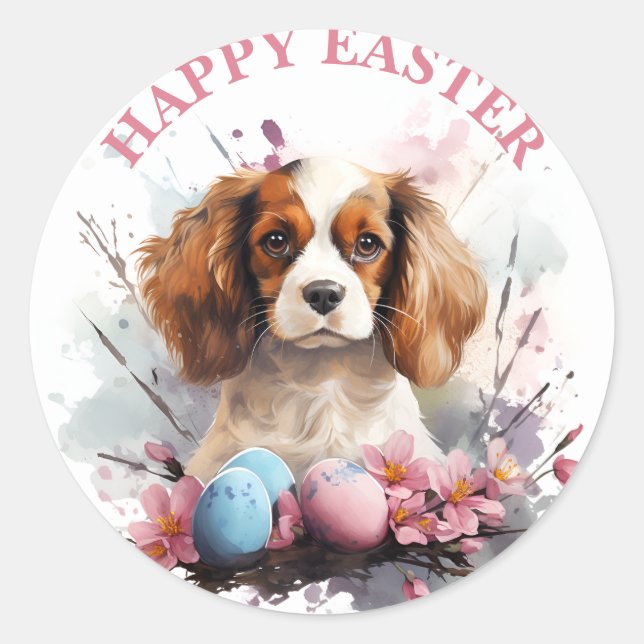 Sticker Rond Pâques Cavalier roi Charles Oeufs et fleurs - (Devant)