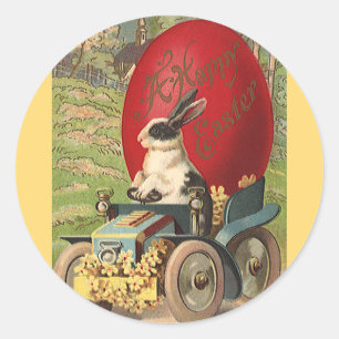 Sticker Rond Pâques drôle vintage, lapin de Pâques oeuf automob