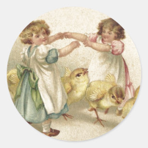 Sticker Rond Pâques - Filles mignonnes avec poussins-Vintage ca
