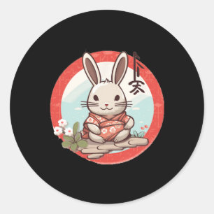 Sticker Rond Pâques Japon Lapin Lapin En Costume Japonais Kimon