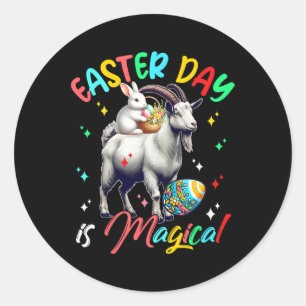 Sticker Rond Pâques Jour Est Magique Mignonne Lapin Riding Chèv