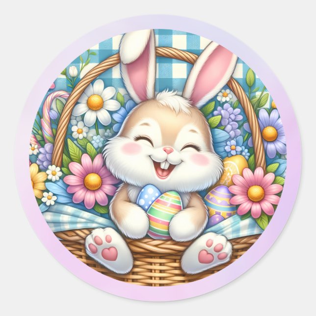 Sticker Rond Pâques joyeuses avec du lapin mignon, des oeufs et (Devant)