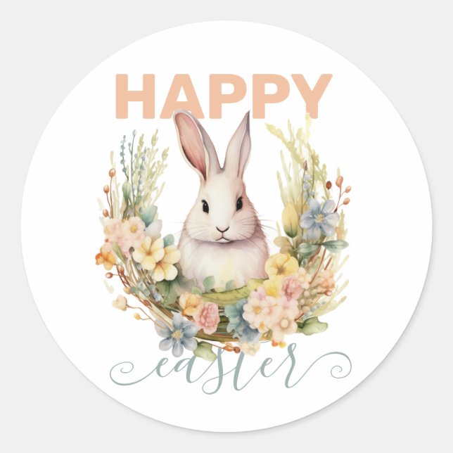 Sticker Rond Pâques joyeux avec lapin et couronne florale (Devant)