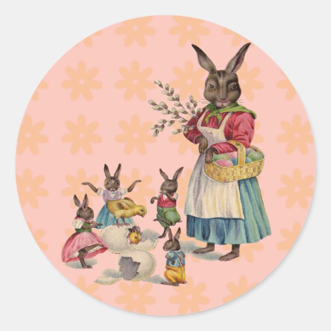 Sticker Rond Pâques Lapin Poule Lapin Œufs (Devant)
