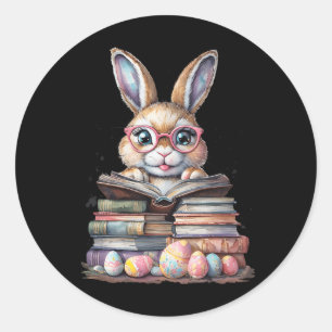 Sticker Rond Pâques mignonne lecture Bunny Gles Livres Vin de l