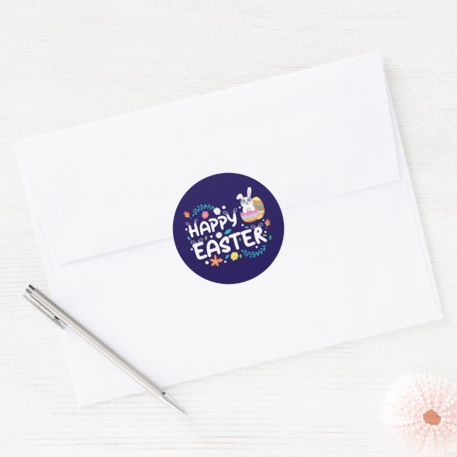 Sticker Rond Pâques, Oeufs, Lapin & Fleurs Joyeux (Enveloppe)