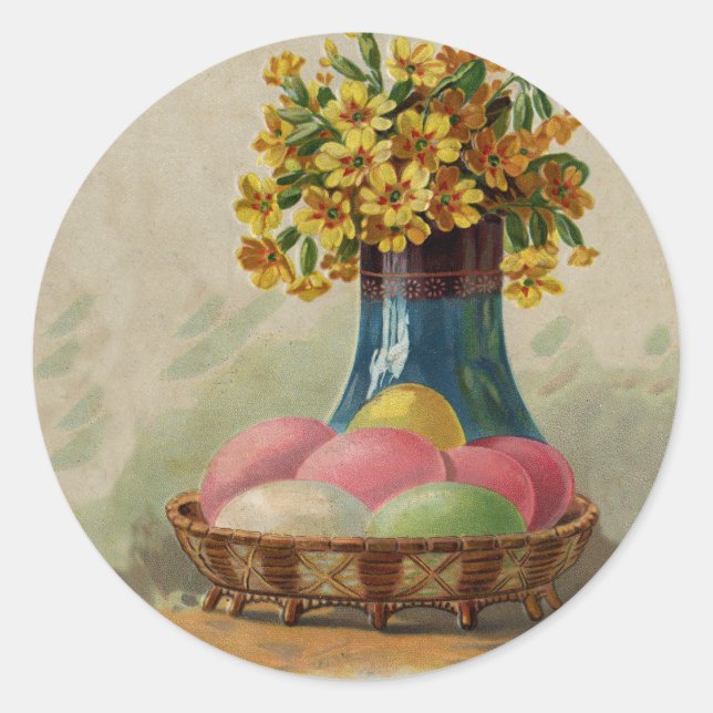 Sticker Rond Pâques Panier Œufs Fleurs Antique (Devant)