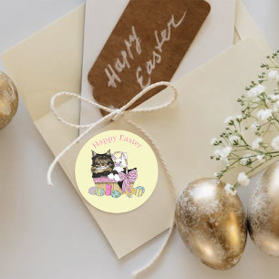 Sticker Rond Pâques Panier Tabby Kitten
