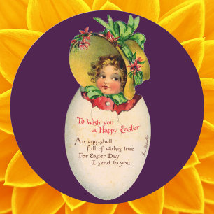 Sticker Rond Pâques vintage, fille victorienne avec bonnet dans
