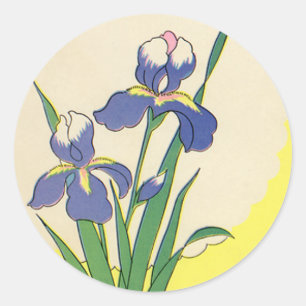 Sticker Rond Pâques vintage, fleurs d'iris de jardin violettes