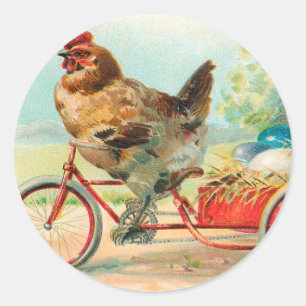 Sticker Rond Pâques vintage Poulet à vélo Oeuf de Pâques