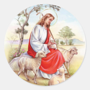 Sticker Rond Pâques vintage religieuse, Jésus le berger