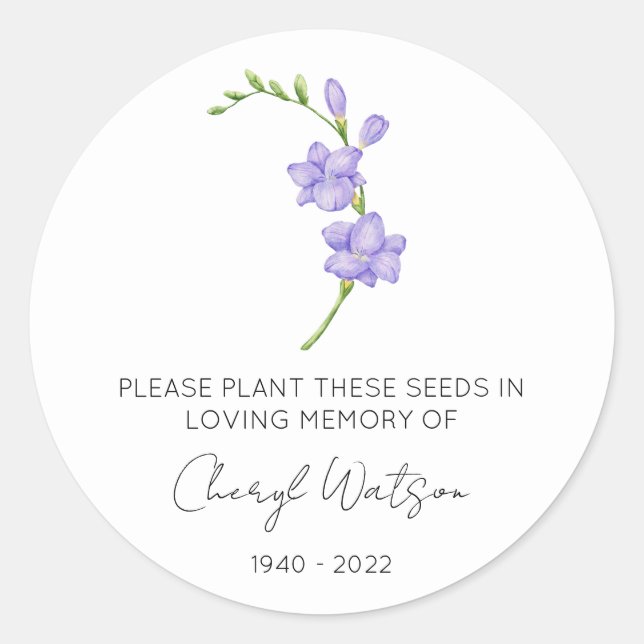 Sticker Rond Paquet de graines de Freesia mémorial simple (Devant)