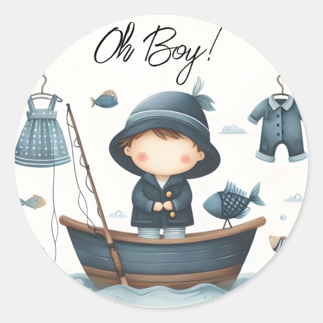 Sticker Rond Par Hook Bait Fun Wood Little Fisherman Baby showe (Devant)