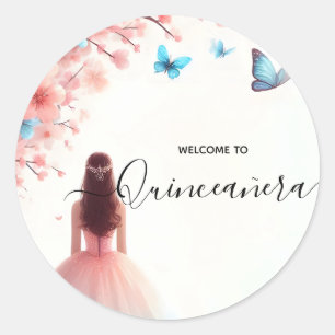 Sticker Rond Par Wood Tree Rose Girl Cherry Blossom Quinceanera