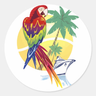 Sticker Rond Paradis tropical avec Macaw et Cruise Ship