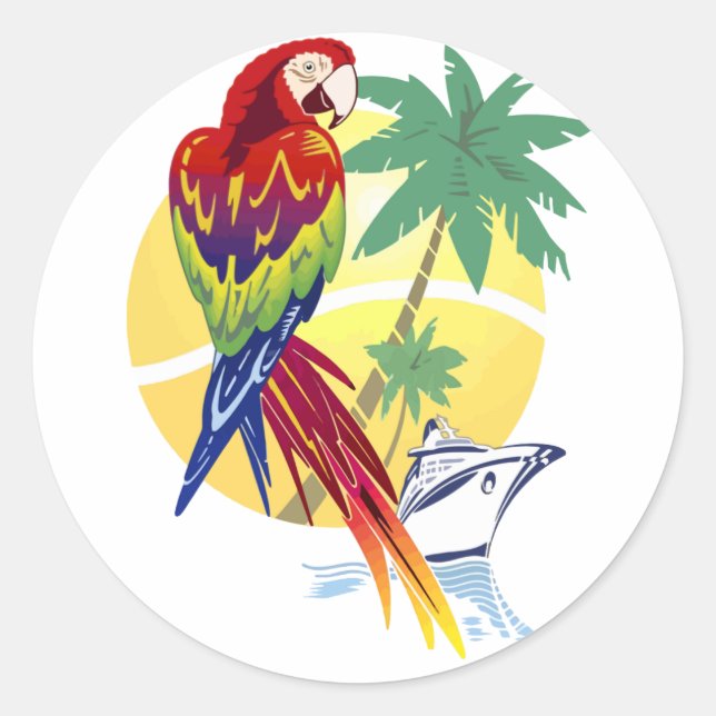 Sticker Rond Paradis tropical avec Macaw et Cruise Ship (Devant)