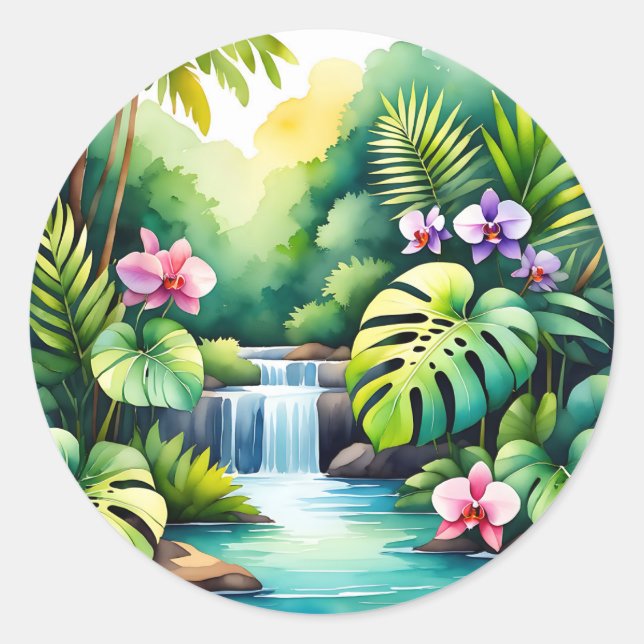 Sticker Rond Paradis tropical de la jungle à cascade et orchidé (Devant)