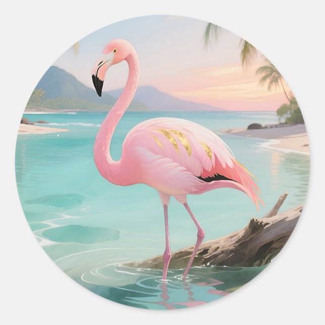 Sticker Rond Paradis Tropical des Flamants Roses (Devant)