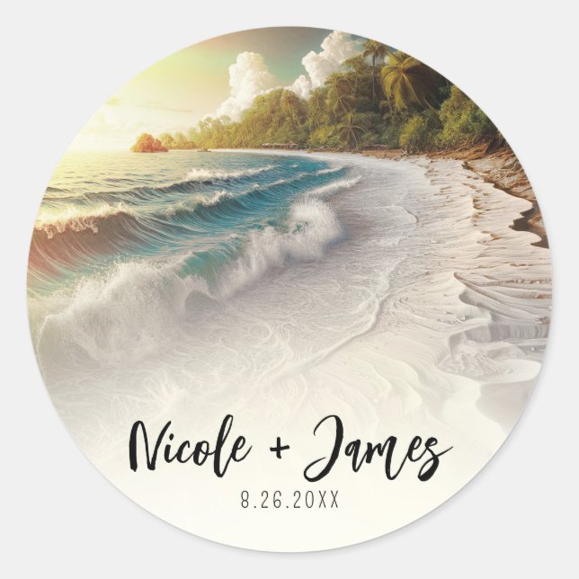 Sticker Rond Paradise Beach Sunset Rustic Coastal Mariage (Devant)