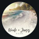Sticker Rond Paradise Beach Sunset Rustic Coastal Mariage<br><div class="desc">customisez avec n'importe quel texte.</div>