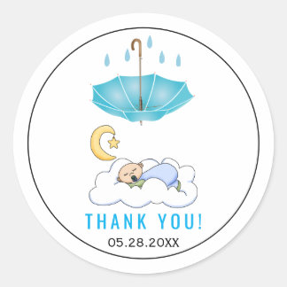 Sticker Rond Parapluie bleu, bébé endormi douche garçon merci