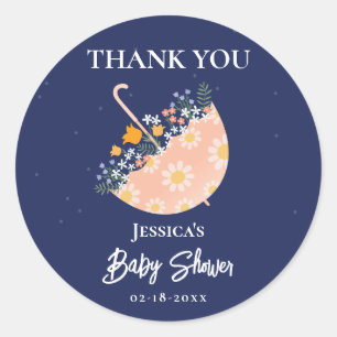 Sticker Rond Parapluie Fleurs Fantaisistes Baby Shower Merci