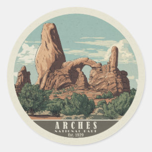 Sticker Rond Parc national des Arches de style rétro animé