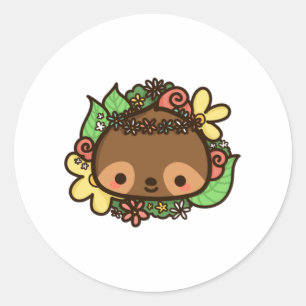 Sticker Rond Paresse mignonne avec fleurs et amant paresseux fe