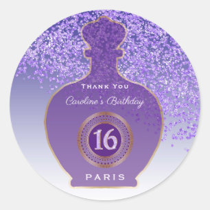 Sticker Rond Parfum Améthyste Paillettes Violettes, Sweet 16