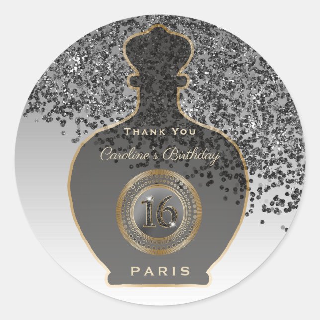 Sticker Rond Parfum Black Glitter Noir, Sweet 16 (Devant)