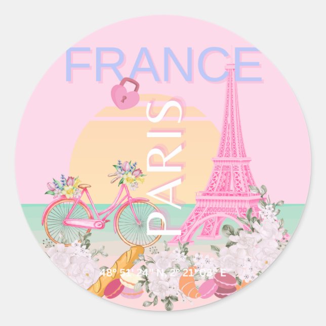 Sticker Rond Paris, France, Travel Art, Preppy, Pastel, Rose (Devant)