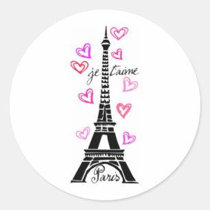 STICKER ROND PARIS JE T'AIME EIFFEL ET COEURS ROSES