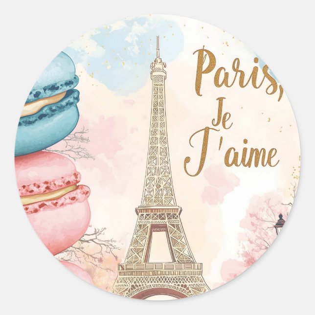 Sticker Rond Paris, Je T'aime - Tour Eiffel avec Macarons (Devant)