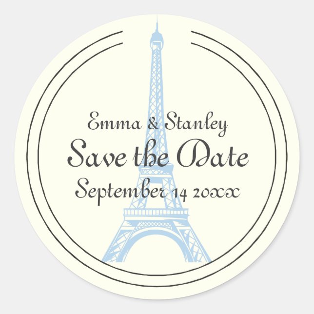 Sticker Rond Paris mariage bleu Tour Eiffel Enregistrer la date (Devant)