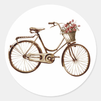 Sticker Rond Paris Vintage Vélo Panier Fleurs Roses
