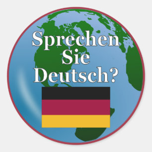 Sticker Rond Parles-tu allemand ? en allemand. Drapeau et globe