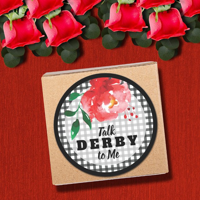 Sticker Rond Parlez de Derby à moi Rose sur En vichy (Talk Derby to Me red rose on black and white gingham round stickers)