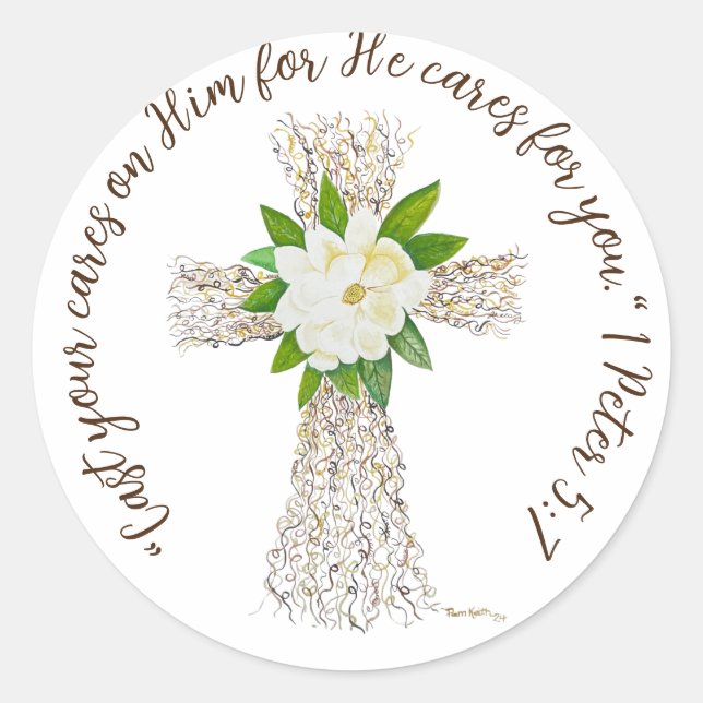 Sticker Rond Parlez de Jésus Croix avec Magnolia (Devant)