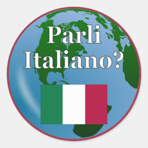 Sticker Rond Parlez-vous italien ? en italien. Drapeau et globe