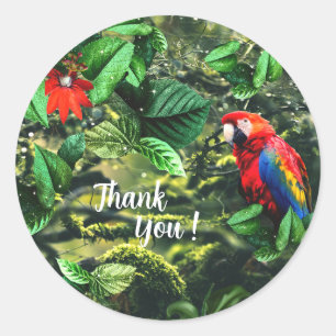 Sticker Rond Parrot écarlate macaw dans la jungle avec des fleu