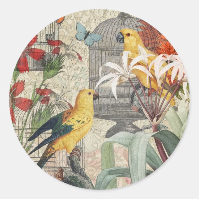 Sticker Rond Parrot Jaune Tropical Antique Fleur (Devant)