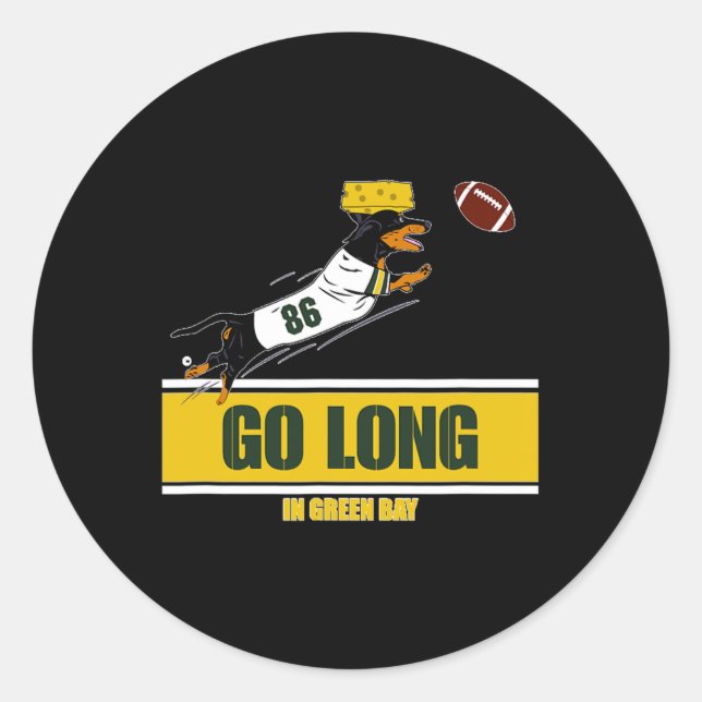 Sticker Rond Partez Longtemps à Green Bay Funny Dachshund Footb (Devant)