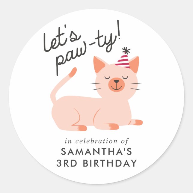 Sticker Rond Parti Anniversaire de enfant Kitty Cat | Paw-ty (Devant)